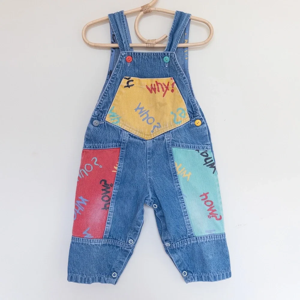 Vintage Cache-Cache Overalls Blue Denim Colorblock Question Print Kids 24 Months